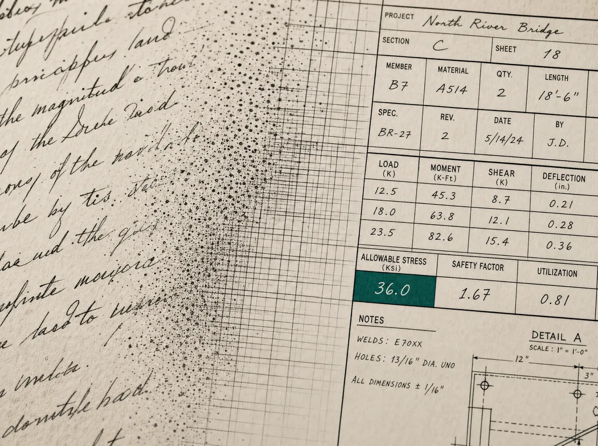 Makroaufnahme: handschriftlicher Text auf Papier löst sich in ein präzises Raster aus strukturierten Datenfeldern auf.