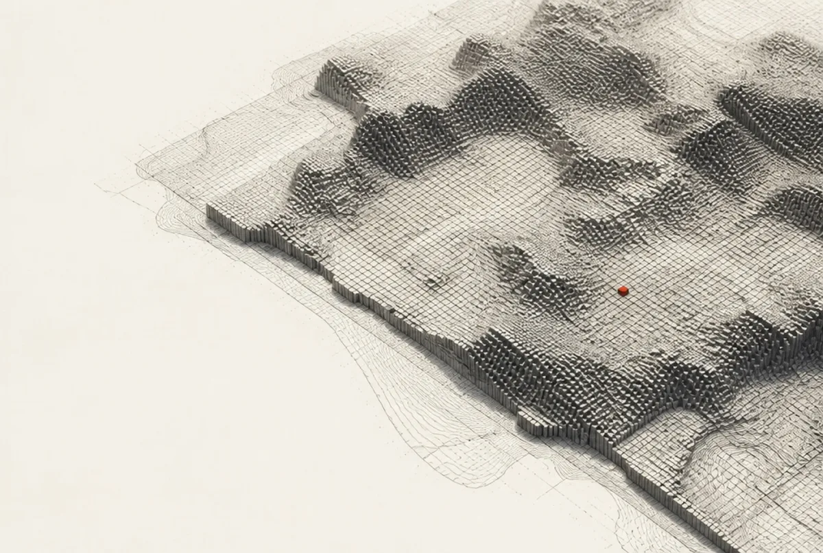 Topografisches Rasterfeld mit Konturlinien; ein Knoten ist als erkannte Anomalie rot markiert.