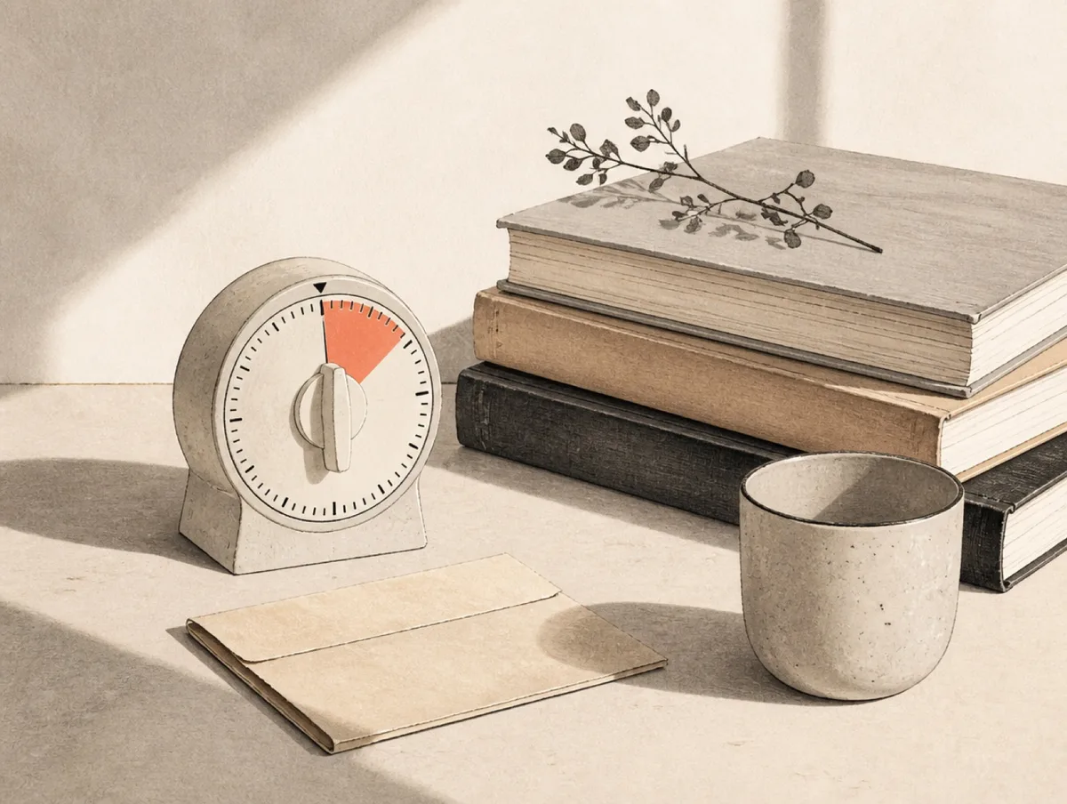 Warm illustrierte Stillleben: analoger Timer, Bücher, gefalteter Zettel — sieben Minuten ohne Bildschirm.